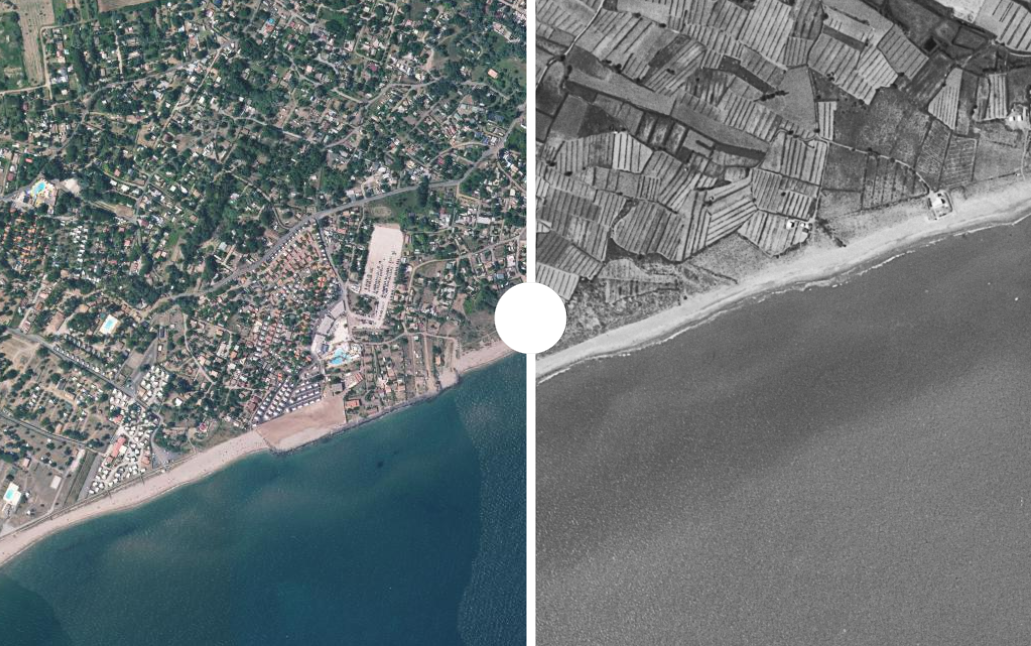 vue aérienne de la plage de Vias (Hérault): à droite en couleur dans les années 2000 VS à gauche en noir et blanc dans les années 1950. 