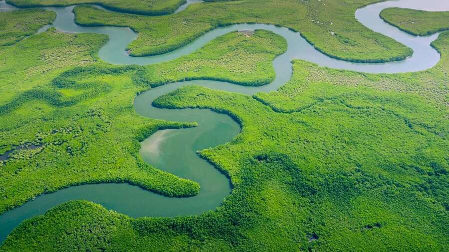 photo prise en hauteur d'une rivière qui serpente dans un espace naturel